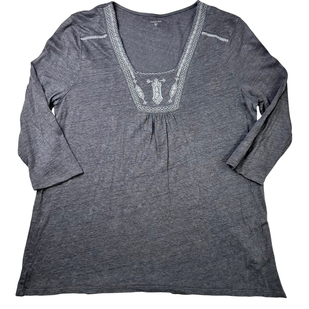Garnet Hill GRAY 100% Organic Linen Embroidered 3/4 Sleeve Top Large